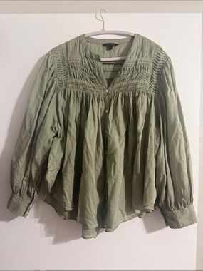 Banana Republic Light Olive Smocked Yoke Button-Front Blouse Sheer Lightweight